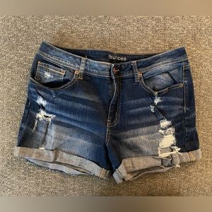 Maurices distressed dark wash jean shorts